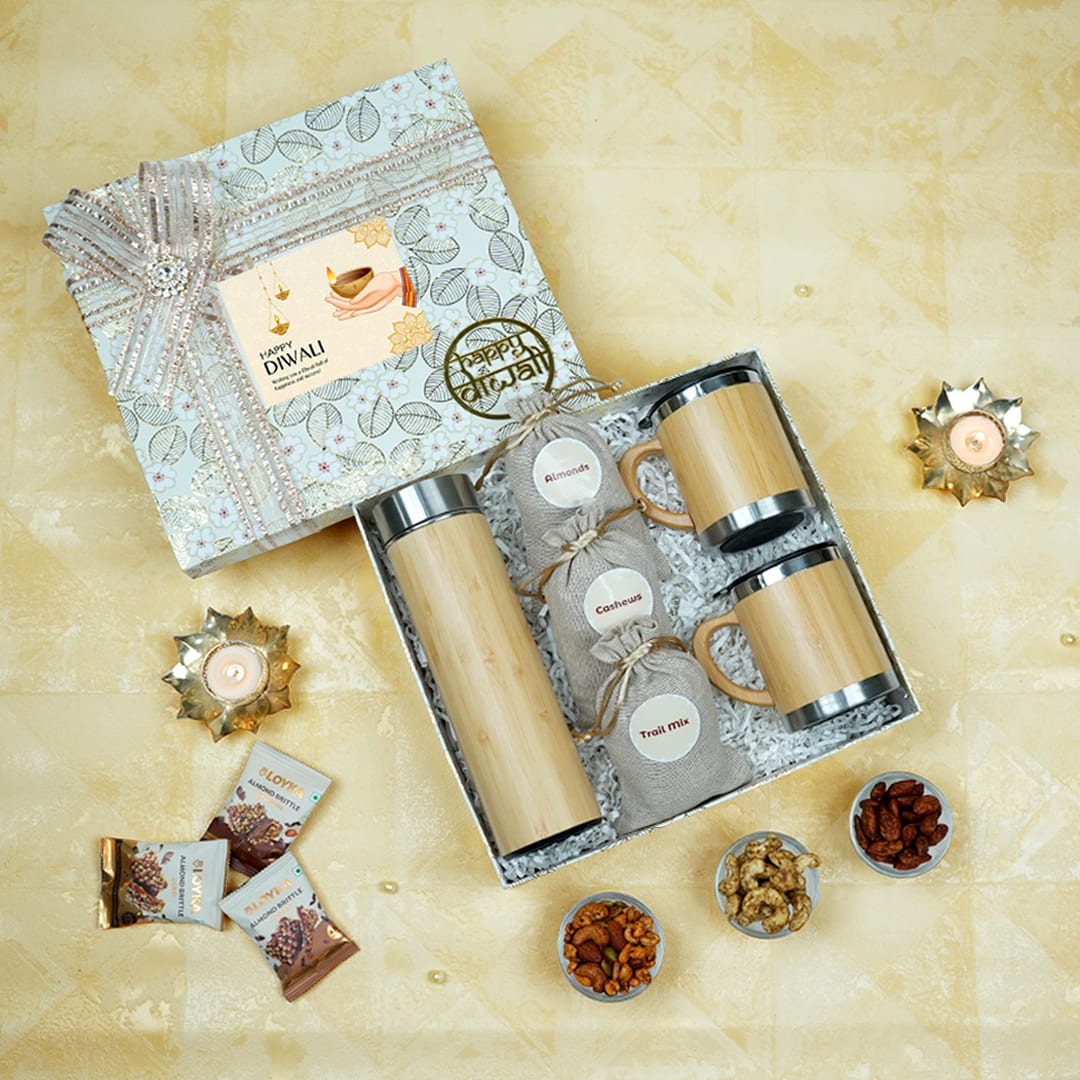 Deluxe Diwali Corporate Gift Set - Bamboo Bottle, Mugs & Nuts